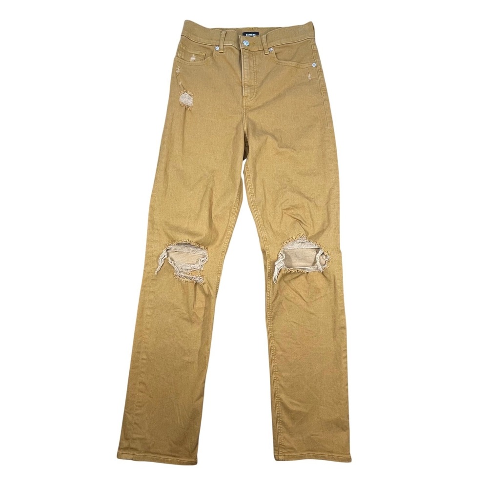 Express Tan Distressed Modern Straight Super High Rise Jeans Womens 2L